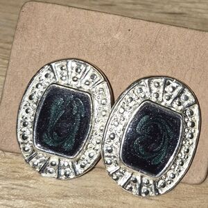 Vintage Silver Tone Enamel Green And Black Swirl Design Earrings